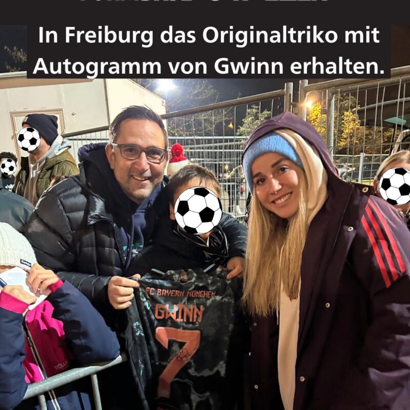 Übergabe des Originalauswärtstrikots vom FC-Bayern München von der Verteidigerin Giulia Gwinn mit einem Autogramm.